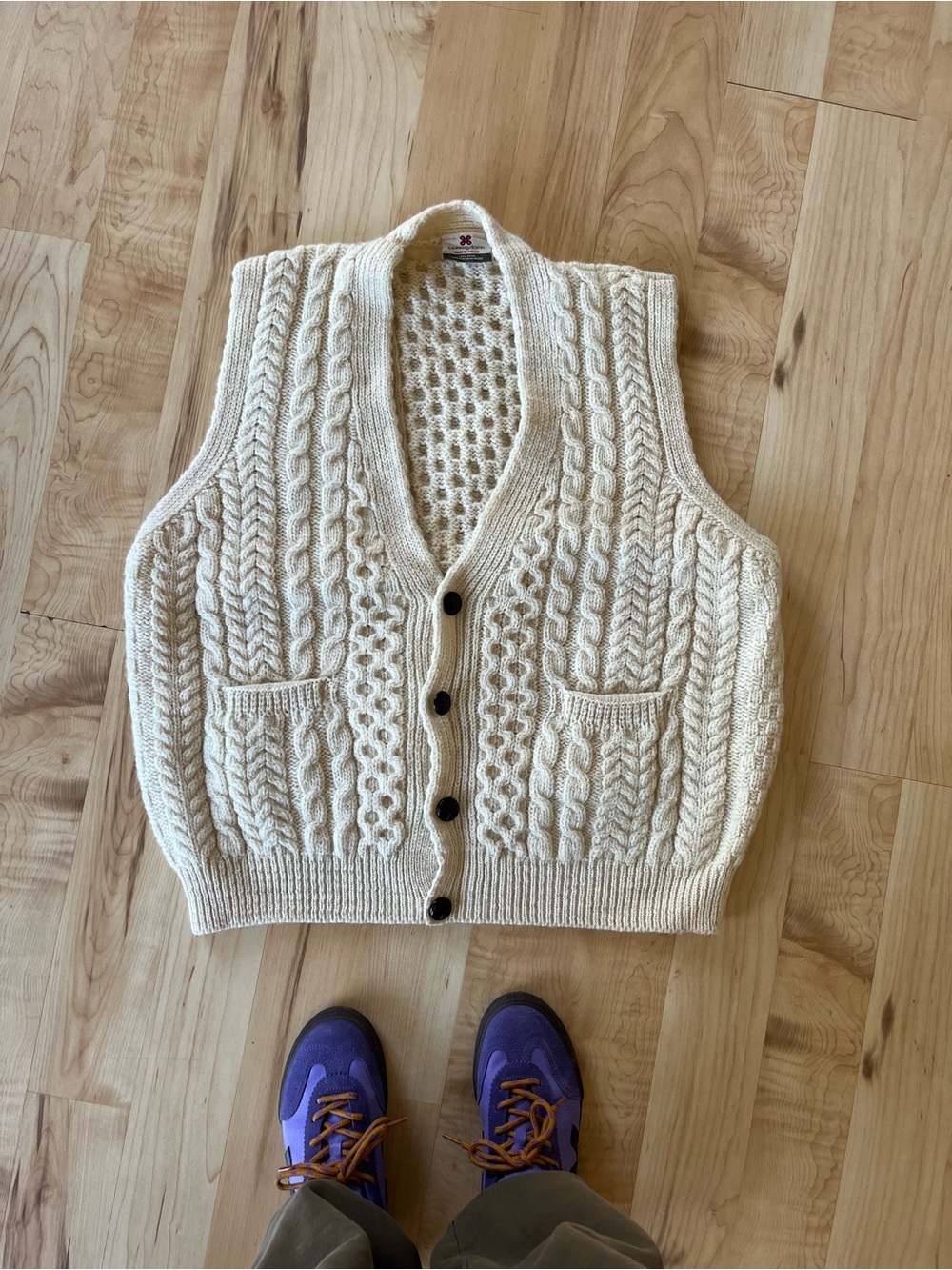Men's Cream Cable-Knit Button Cardigan Vest